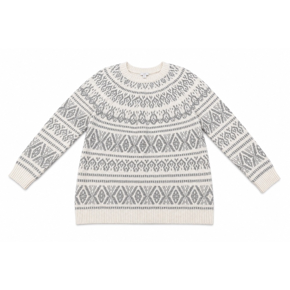 J. Jill Women's Fair Isle Sweater Gray Ivory Nordic Cotton Blend Size Medium
